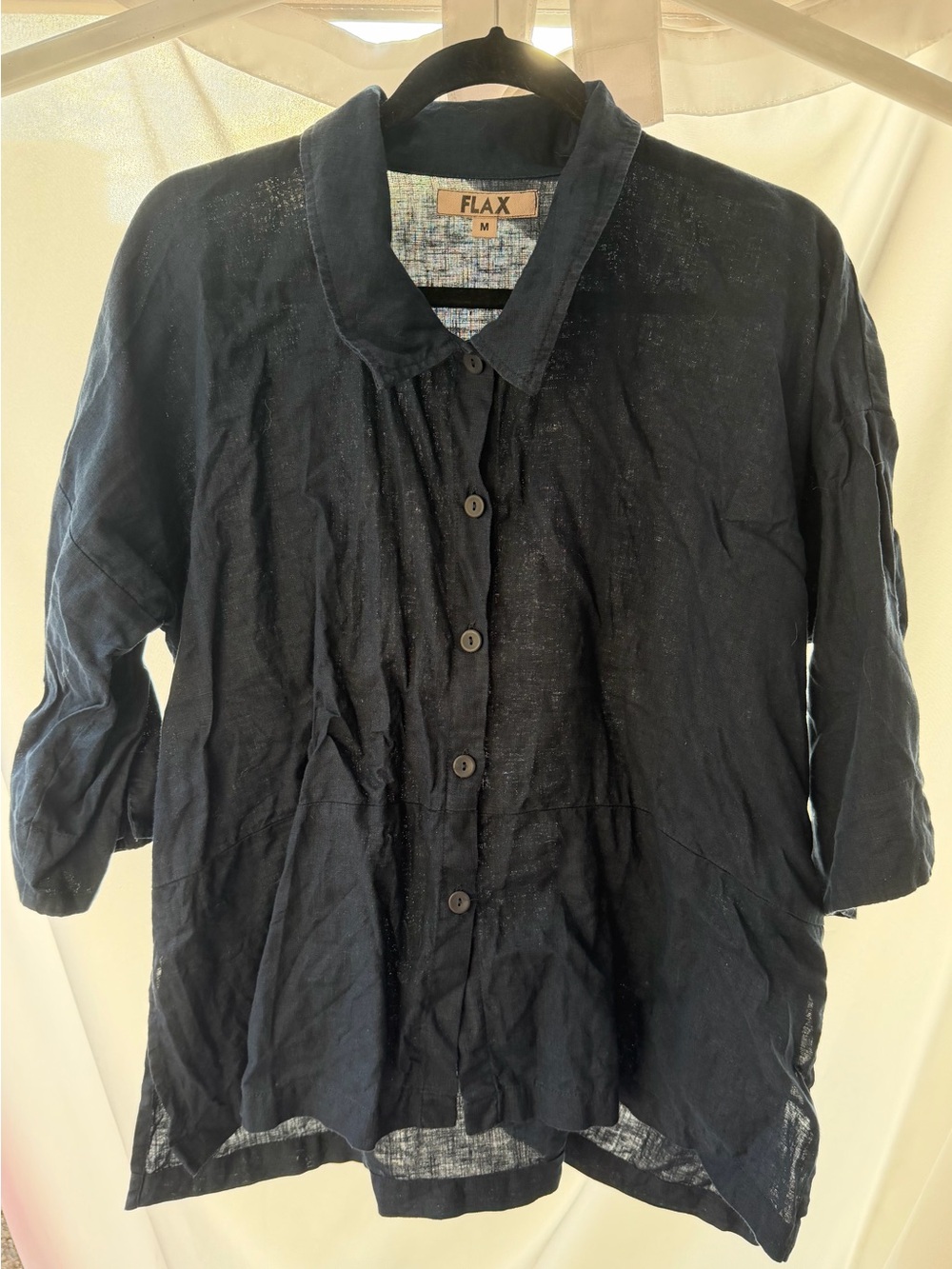 FLAX 100% Linen Button Down Shirt Womens Medium Slate Blue Lagenlook Lithuania